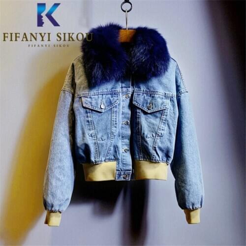 Jeans Jacket Women Winter Thick Warm Rabbit Fur Natural Fox Fur Collar Fashion Print Denim Jacket Loose Short Jeans Coat Female
