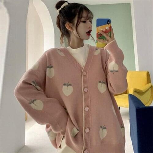 Sweater Cardigan Cute Pink Coat Women Peach Cardigans Knitted Oversized Jacket 2020 Korean Autumn Long Sleeve Pull Femme