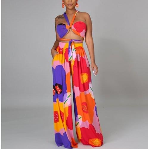2 Pieces Sets Womens Outfits Summer Sexy Crop Tops & Wide Leg Pants Printed Fashion Elegant Evening Night Club Matching Sets New