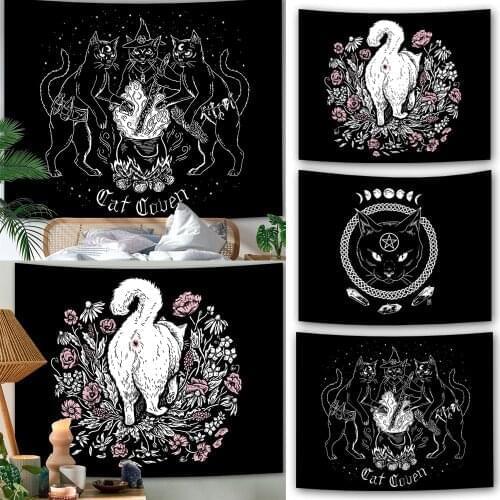 Cat Witchcraft Tapestry Wall Hanging Tapestries Mysterious Divination Occult Home Wall Black Cool Decor Cat Coven
