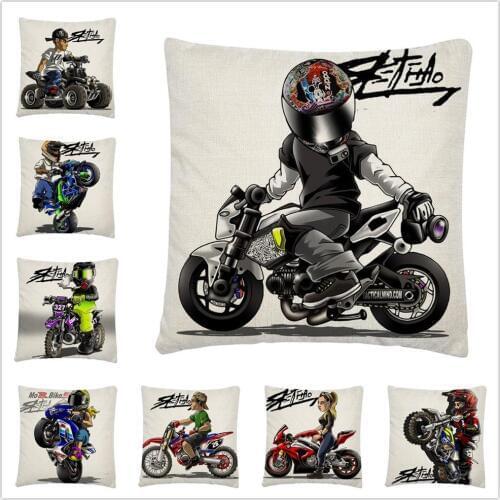 Motorcycle sport cartoon pattern Linen Cushion Cover Pillow Case for Home Sofa Car Decor Pillowcase 45X45cm