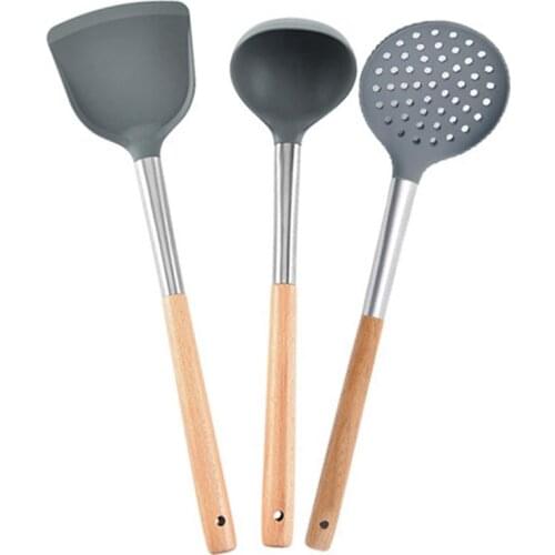 3 Pcs Cooking Utensil Set Household Wooden Handle Spatula Spoon Cookware Supplies Slotted Soup Spoon Kitchen Utensils Kits