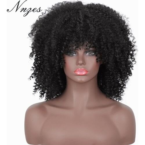 NNZES 14inches Synthetic Short Afro Curly Black Wig with Bangs for Black Women High Temperature Fiber