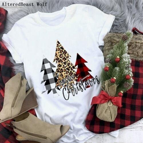 Christmas T Shirt women clothes leopard and plaid trees print christmas tshirt female short sleeve harajuku white vogue tops
