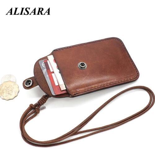 Alisara Top Cowhide ID Badge Holder Retractable Lanyard Name Tag Id Card Vertical Style ID Credit Card Vintage Business Case