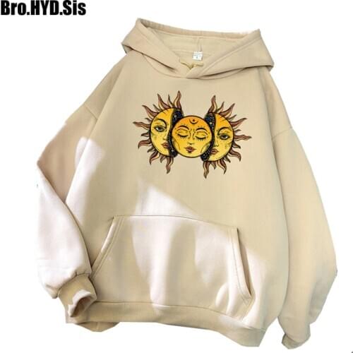 Harajuku Hooded Sweatshirt Gothic Style Hoodies Sun And Moon Print Tops Oversize Female Sweatshirt Vintage Fashion Hoody Clothes