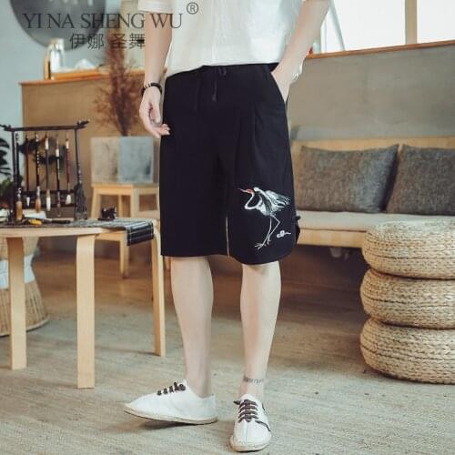Japanese Embroidered crane Male Harajuku Summer Japan Retro Kimonos Shorts Plus-sized Mens wear Loose Shorts casual Beach Pants