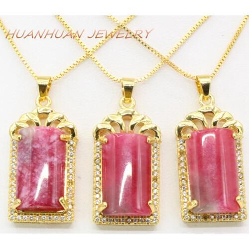 Womens Chain 14x29mm Stone Pendant Red Natural Jades Gold-Color Stainless Steel Necklaces & Pendants Zircon Inaly Jewelry B3355