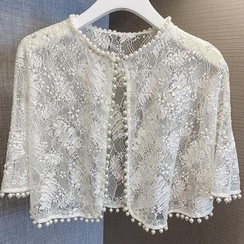 2021 spring and summer temperament fashion new ladies' foreign style lace short casual casual all-match beaded round neck blouse