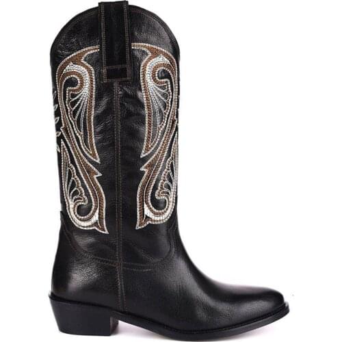 FootCourt- Black Genuine Leather Round Toe Cowboy Boots Embroidered Boots Leather Lining Western Boots for Women Handmade