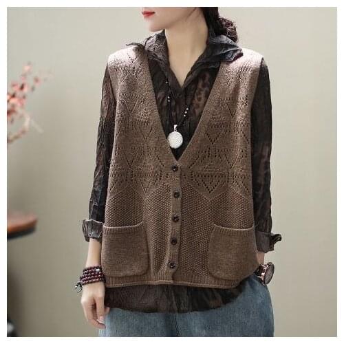 Women Spring Autumn New Fashion Hollow Out Sweater Vest Female Single Breasted Casual Knit Vests Ladies Loose Cardigans Z126