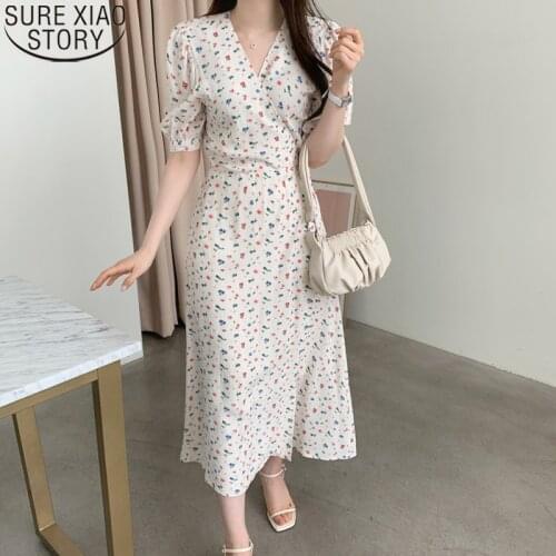 New Korean Chic Print Dresses Women Summer Romantic Floral Dress Elegant Office Lady V-neck Short Sleeve High Waist Dress 15300