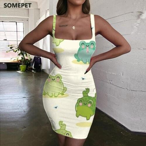 SOMEPET Frog Dress Women Animal Vestido Sexy Lovely Halter Sleeveless Hip Hop Bodycon Dress Womens Clothing Plus Size New Boho