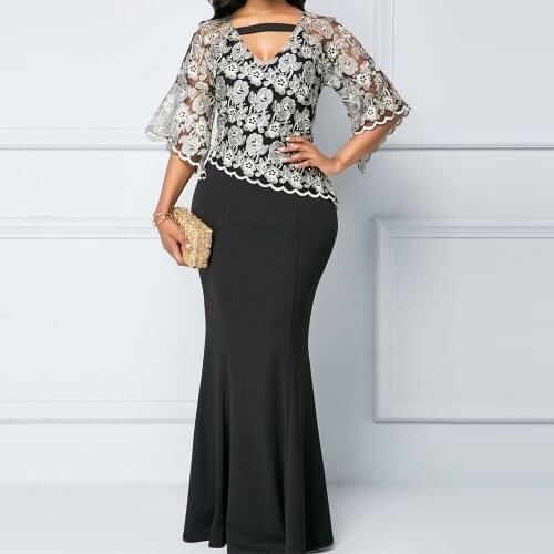 Summer Dress Women 2021 Sexy V Neck Banquet Embroidery Floral Lace Long Party Vestido Casual Plus Size Slim Mermaid Maxi Dresses