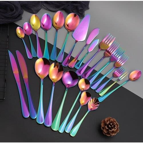 1 Pc Rainbow Dinnerware Fruit Fork Dinner Knife Dessert Spoon Mirror Cutlery Restaurant Service Tableware Kitchenware Flatware