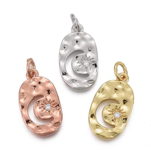 10Pcs Hammered Brass Star Moon Zirconia Crystal Pendants Charms With Jump Rings For Necklace Earring Dangle Jewelry