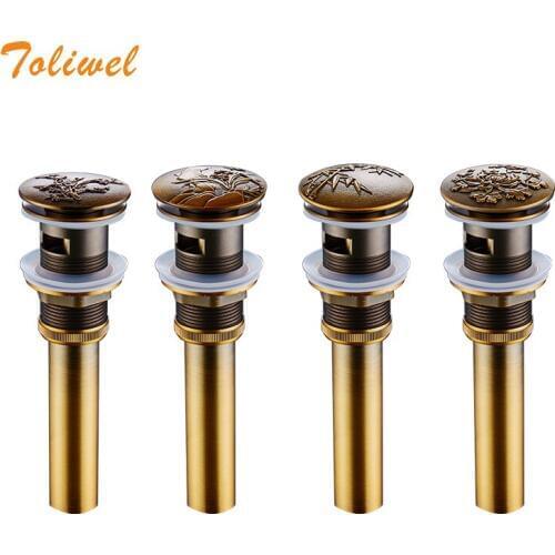 Antique Bathroom Basin Sink Pop Up Drain Brass with & without Overflow Vanity Sink Waste Drainer Flower Carved