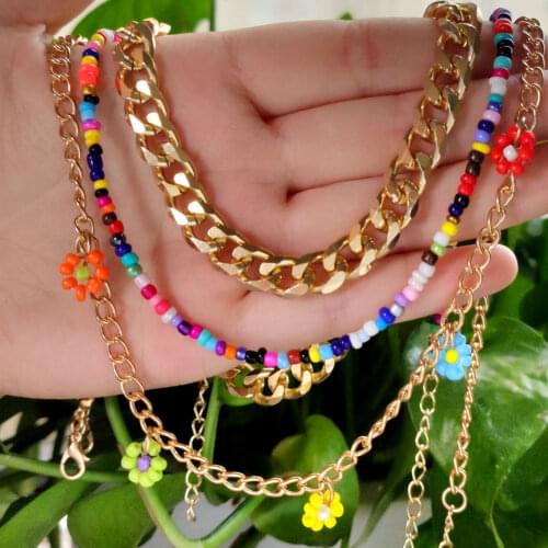 Bohemian Metal Chain Colorful Beads Flower Pendant Necklace For Women Mix Color Bead Strand Choker Collar Cuban Chunky Chain New