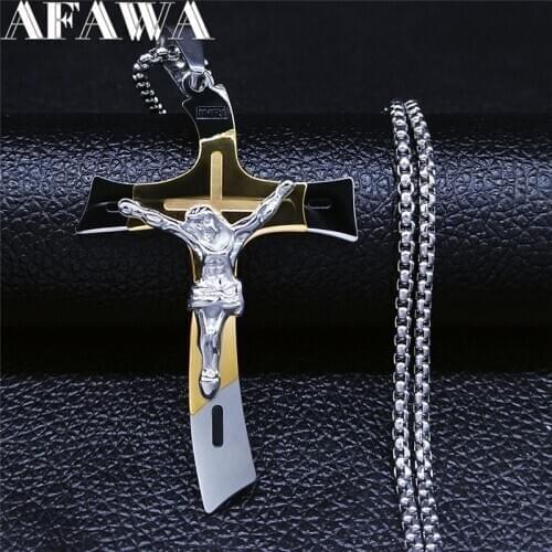 Cross Jesus Stainless Steel Multilayer Big Long Pendant Necklace Women/Men Gold Silver Color Jewelry collier homme NXS02