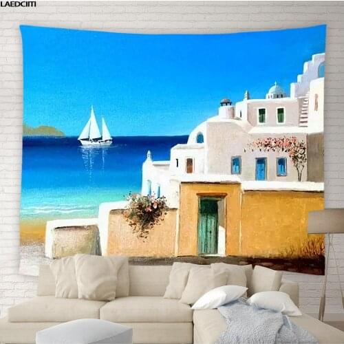 Greek Scenery Tapestry Ocean Flower Garden Street Scene Background Wall Hanging Cloth Living Room Tablecloth Bedroom Home Decor