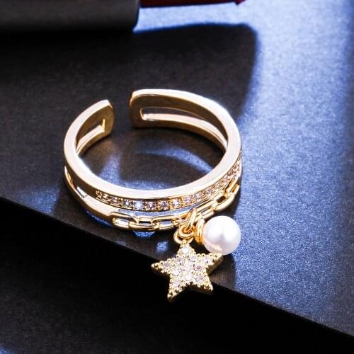Resizable Pearl and Star Pendant Copper Rings For Women 2 Layer Zircon Female Open Finger Ring For Girlfriend Valentines Gift
