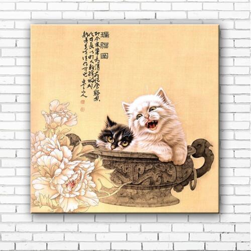 Chinese style cat peony flowers landscape canvas printings oil painting printed on canvas home wall art decoration picture