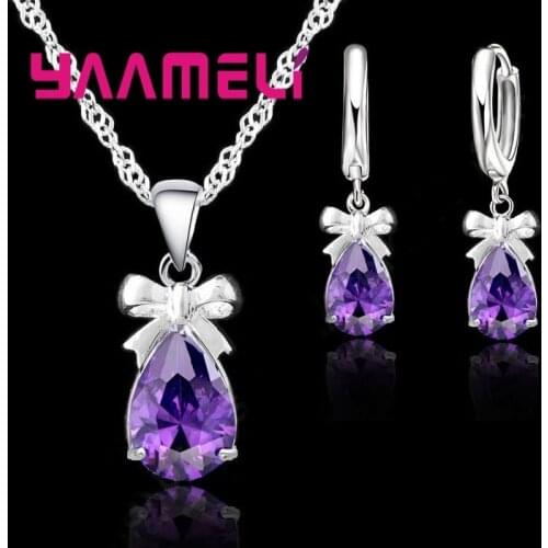 925 Sterling Silver Women Water Drop Austrian Crystal Pendants Necklace Earrings Jewelry Set For Wedding Engagement Gift