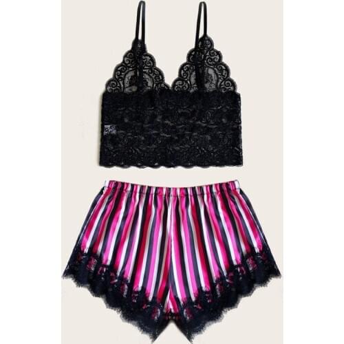 Women’s Two Piece Lingerie Set Fashion Stripe or Lace Camisole and Bow Elastic High Waist Shorts