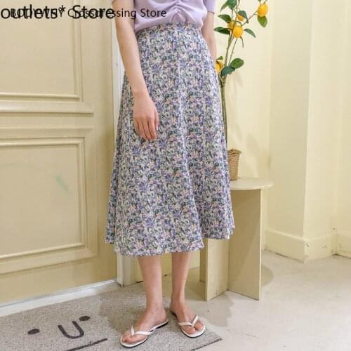 Summer New Womens Skirt Yellowish Long Skirt Floral Chiffon Skirt High Waist A-line Skirt Women Clothing