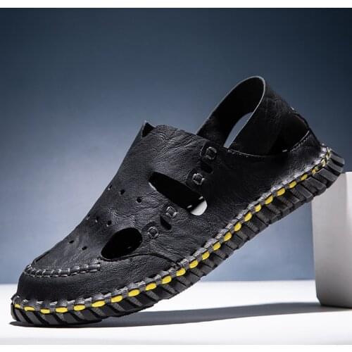 Mens Beach Sandals Summer Soft Split Leather Casual Shoes Outdoor Non-slip Slippers Closed Toe Breathable Flat Sandals