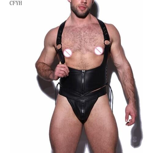 Mens Sexy Leather Punk Clubwear Body Chest Thong Set Harness Bondage Front Zipper Exotic Apparel Stage Nightclub Sexy Costumes