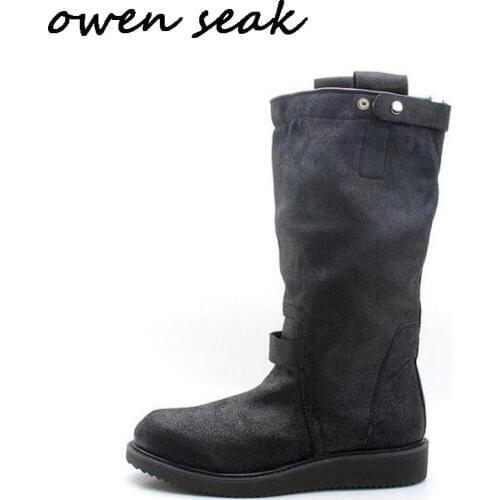 Owen Seak Men Knee High Boots Cow Suede Leather Luxury Trainers Winter Snow Boots Casual Flats Shoes Black Big Size Sneakers