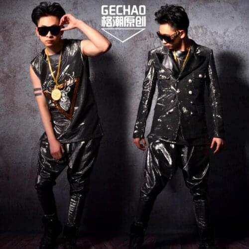 Silver wire personality blazer men suits designs jacket mens stage costumes for singers clothes dance star style dress punk rock