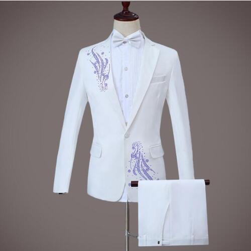 White star style dance stage host master of ceremonies men suit set with pants 2020 mens wedding suits Sequin formal dress tie