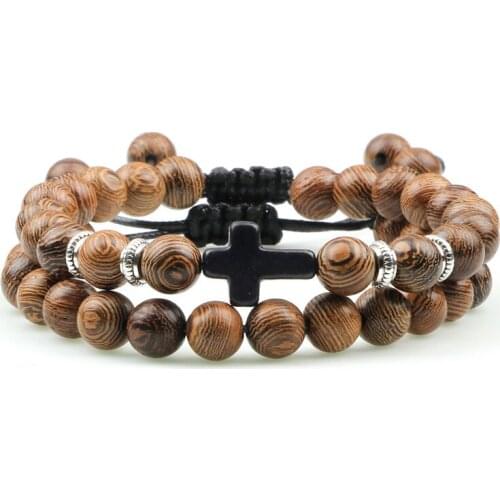 2Pcs/set Braided Mens Natural Stone Bracelet Cross 8mm Bead Turquoises For Couples Bracelets&Bangles Womens Adjustable Jewelry