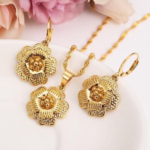 14 k Yellow Solid Gold Finish big Flower Blossom set women girls Jewelry Pendant Chain Earrings Bride Wedding Fine Flower