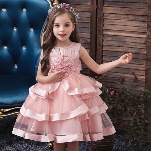 New Arrival Cake Layers Princess Dress for New Year Children Clothes Baby Girls Birthday Dresses Kids Formal Costume for Wedding