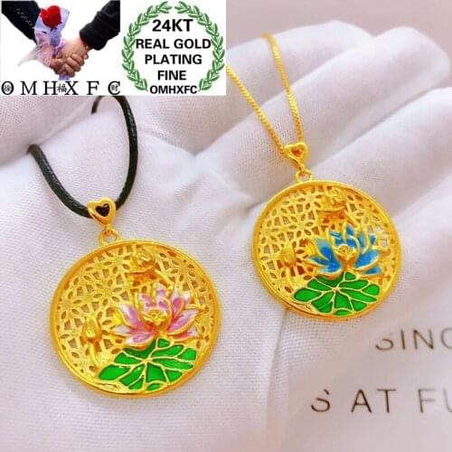 OMHXFC Wholesale YM102 European Fashion Fine Woman Girl Party Birthday Wedding Gift Vintage Round Lotus 24KT Gold Pendant Charm