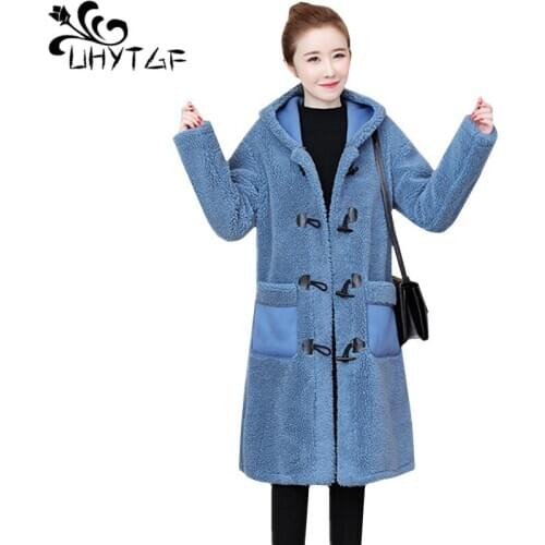 UYTGF Autumn winter coat women Mid-length loose warm 5XL plus size jacket Fashion hooded Quality lambswool Imitate fur coat 1308
