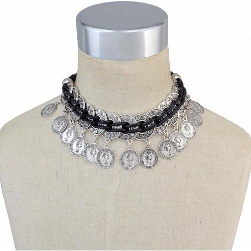 Bohemian Gypsy Turkish Black Leather Chain Plated Choker Necklace Charm Coins Pendant Necklaces for Women Fashion Jewelry