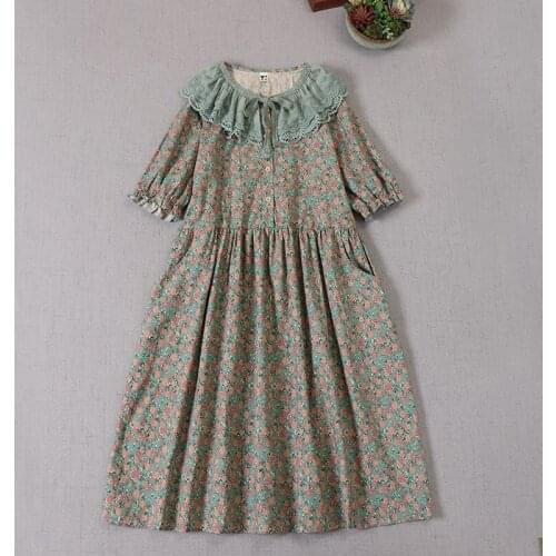 Japan Style Mori Girl Literature Floral Print Dress Lace Ruffle Collar Short Sleeve Cotton linen Midi Dress