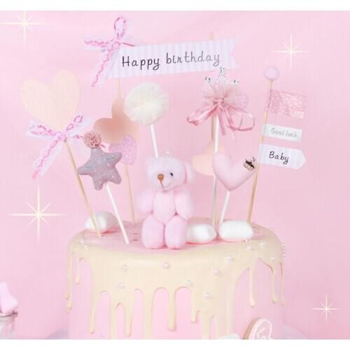 Plush Bear Wedding Cupcake Topper Cute Pink Stars Heart Happy Birthday Cake Topper For Girls Birthday Party Cake Decorations