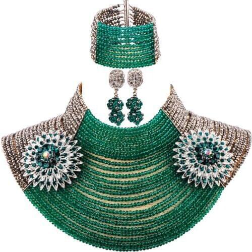 Silver Teal Green Army Green 25 Layers 4mm Crystal Beaded African Necklace Nigerian Beads Jewelry Set 25LC01