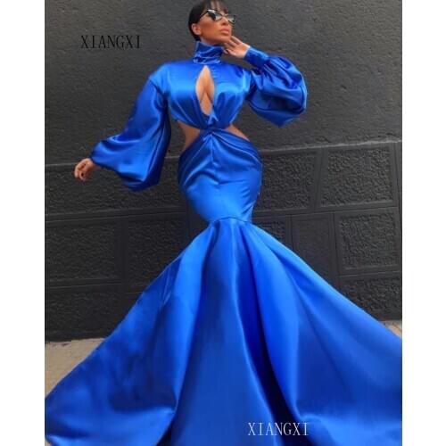 Blue Two Piece Evening Dresses Long Evening Dress 2020 High Collar Full Sleeves Mermaid Evening Dress Party Dresses