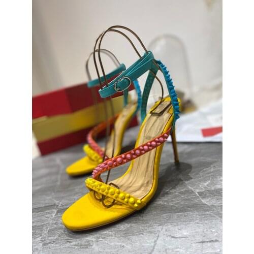 Top leather plus size spiked sandals printing yellow powder blue mixed color red sole colorful rivet super high heel 10cm heels