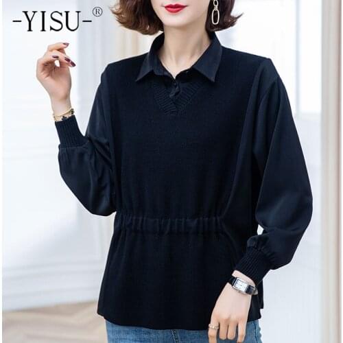 YISU 2021 Spring Women Sweater Lapel Stitching color Knitted pullove Long sleeve Spring tops stripes Female Loose Jumper