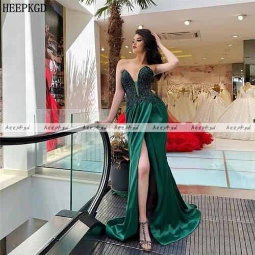 Green Sexy Beads Mermaid Prom Dresses Front Slit Sweetheart Plus Size Satin Formal Dress Long Special Occasion Gowns Customize