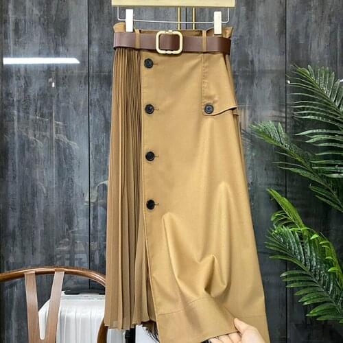 High Waist Brown Bandage Asymmetrical Pleated Temperament Half-body Skirt Women Fashion Tide New Spring Autumn 2021