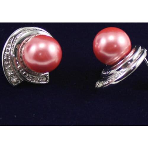Womens fashion simple silver plated deep pink shell pearl earrings