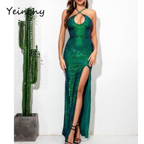 Yeinchy sexy ladies V Neck stretch Sequins high split Women Maxi Dresses Elegant bodycon backleess Female Party Dresses FM6158